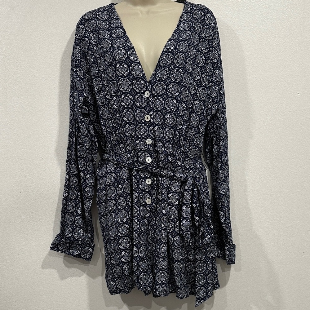 Lulus Navy and White Patterned Button-Up Romper